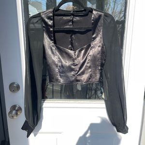 Black sheer billow sleeve and satin crop top